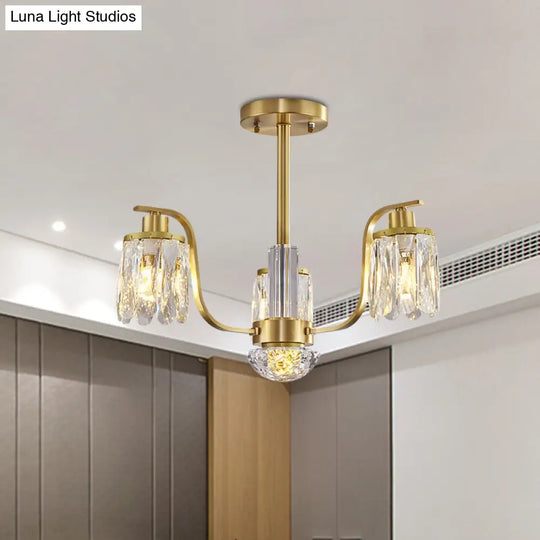 Gold 3-Bulb Cylindrical Hanging Chandelier With Beveled Glass - Stunning Suspended Lighting Fixture