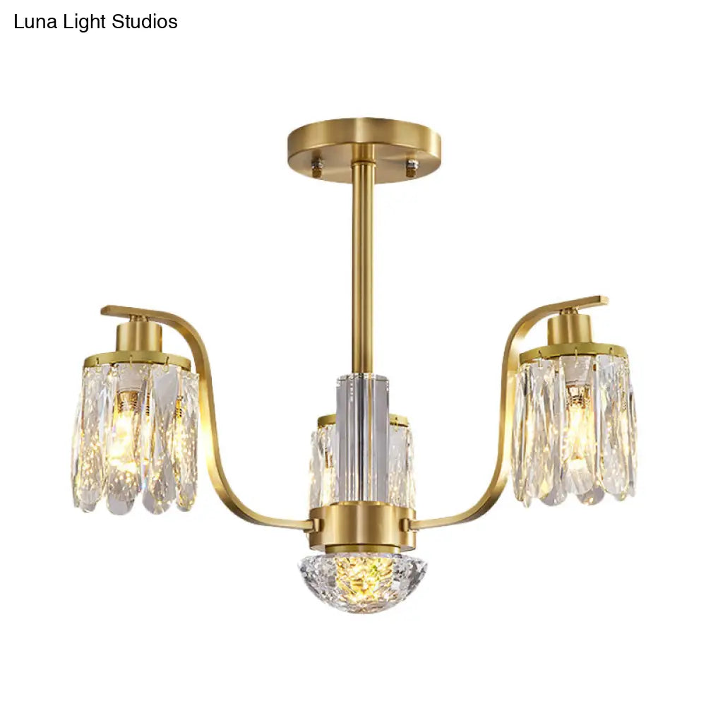 Gold 3-Bulb Cylindrical Hanging Chandelier With Beveled Glass – Stylish Suspended Lighting