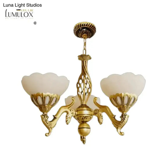 Gold 3 Heads Chandelier Lighting Traditional Ivory Glass Flower Hanging Light Fixture