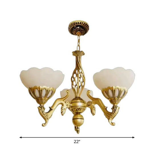 Gold 3 Heads Chandelier Lighting Traditional Ivory Glass Flower Hanging Light Fixture