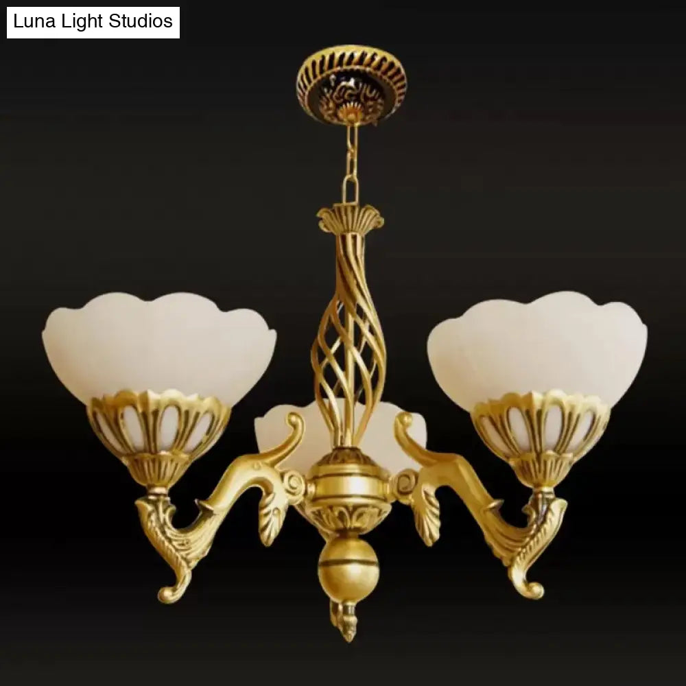 Gold 3-Head Traditional Chandelier With Ivory Glass Flowers - Elegant Hanging Light Fixture