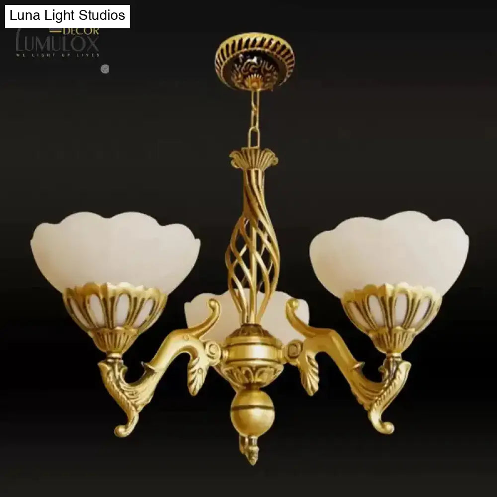 Gold 3 Heads Chandelier Lighting Traditional Ivory Glass Flower Hanging Light Fixture