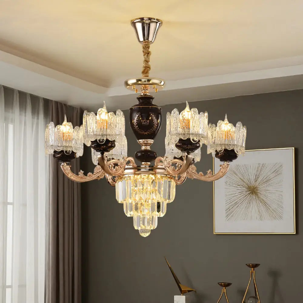 Gold 3-Tier Crystal Chandelier With 6 Bulbs And Clear Glass Shades