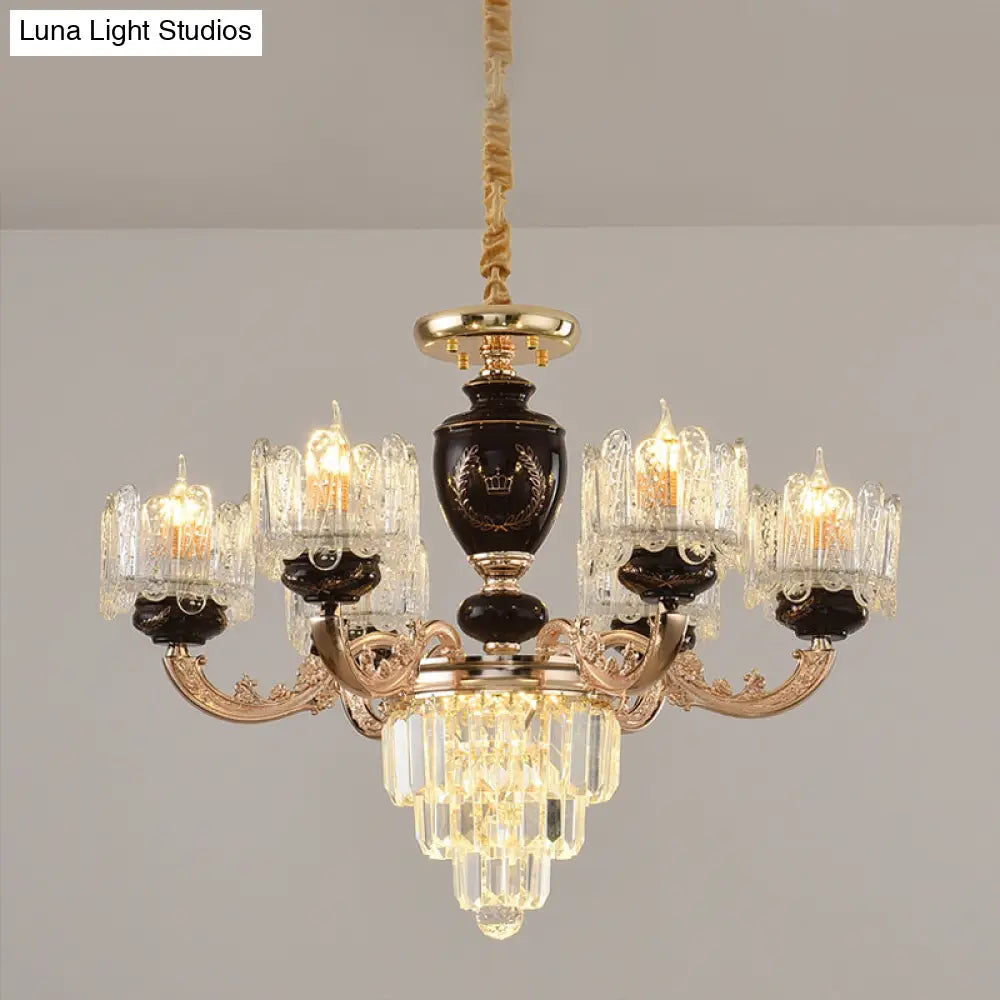 Gold 3-Tier Crystal Chandelier With 6 Bulbs And Clear Glass Shades