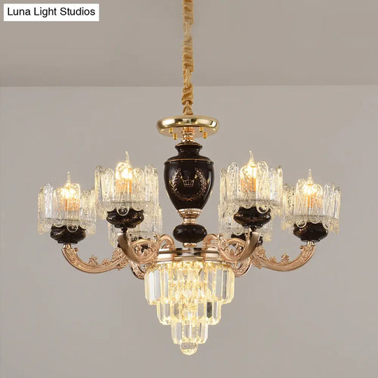 Gold 3-Tier Crystal Chandelier With 6 Bulbs And Clear Glass Shades