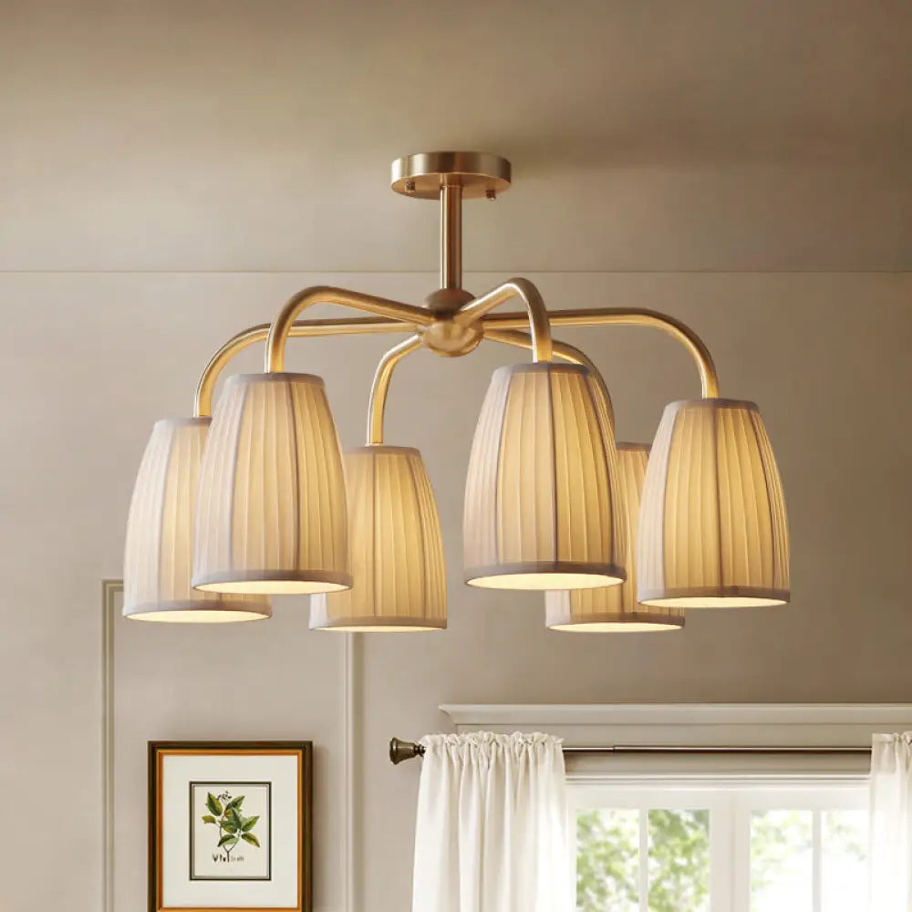 Gold 6 - Light Flush Chandelier With Countryside Gathering Fabric And Bell Shaped Design 6 /