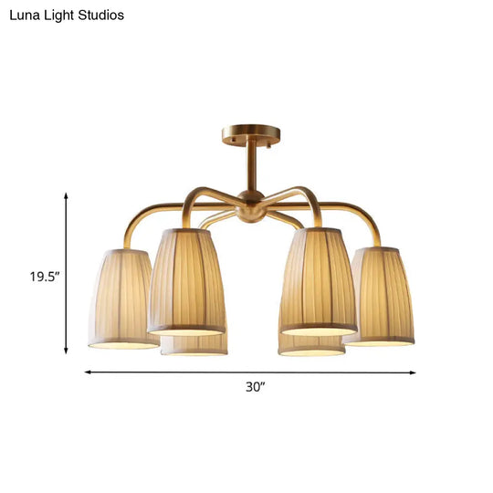 Gold 6-Light Flush Chandelier With Countryside Gathering Fabric And Bell Shaped Design