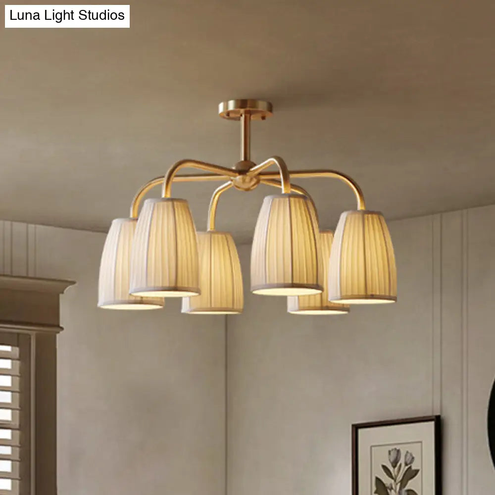 Gold 6-Light Flush Chandelier With Countryside Gathering Fabric And Bell Shaped Design