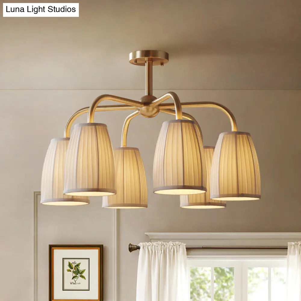 Gold 6-Light Flush Chandelier With Countryside Gathering Fabric And Bell Shaped Design 6 /