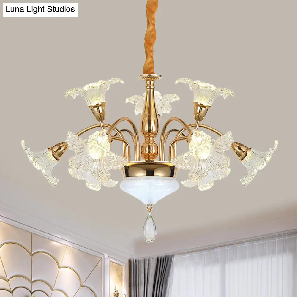 Gold 7/10 Bulbs Ceiling Light - Modern Clear Crystal Floral Shade Chandelier