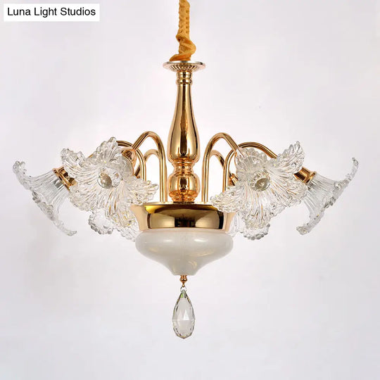 Gold 7/10 Bulbs Ceiling Light - Modern Clear Crystal Floral Shade Chandelier