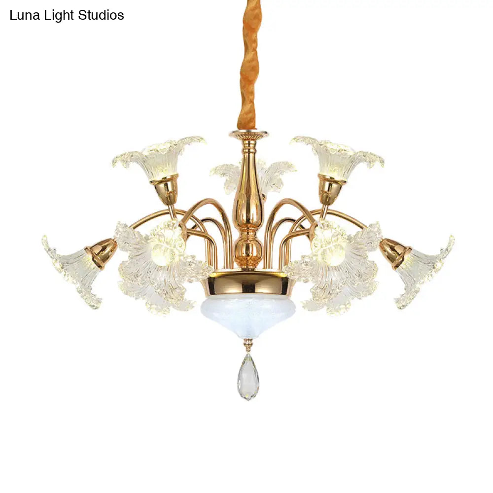 Gold 7/10 Bulbs Ceiling Light - Modern Clear Crystal Floral Shade Chandelier