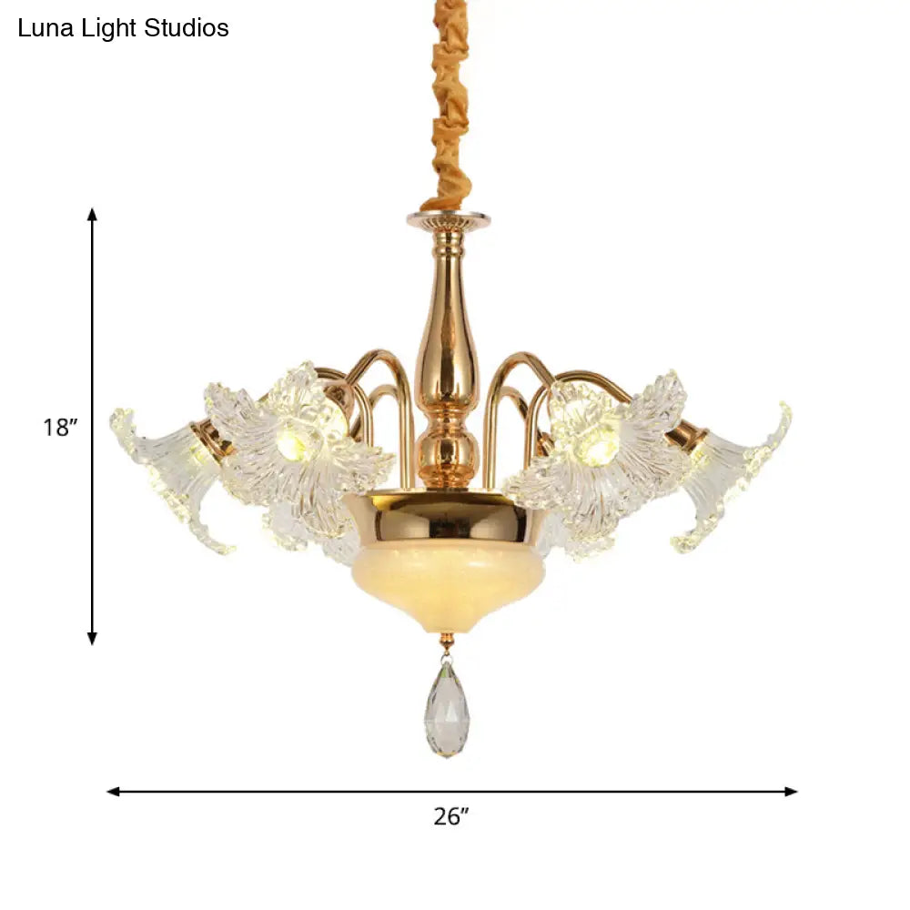 Gold 7/10 Bulbs Ceiling Light - Modern Clear Crystal Floral Shade Chandelier