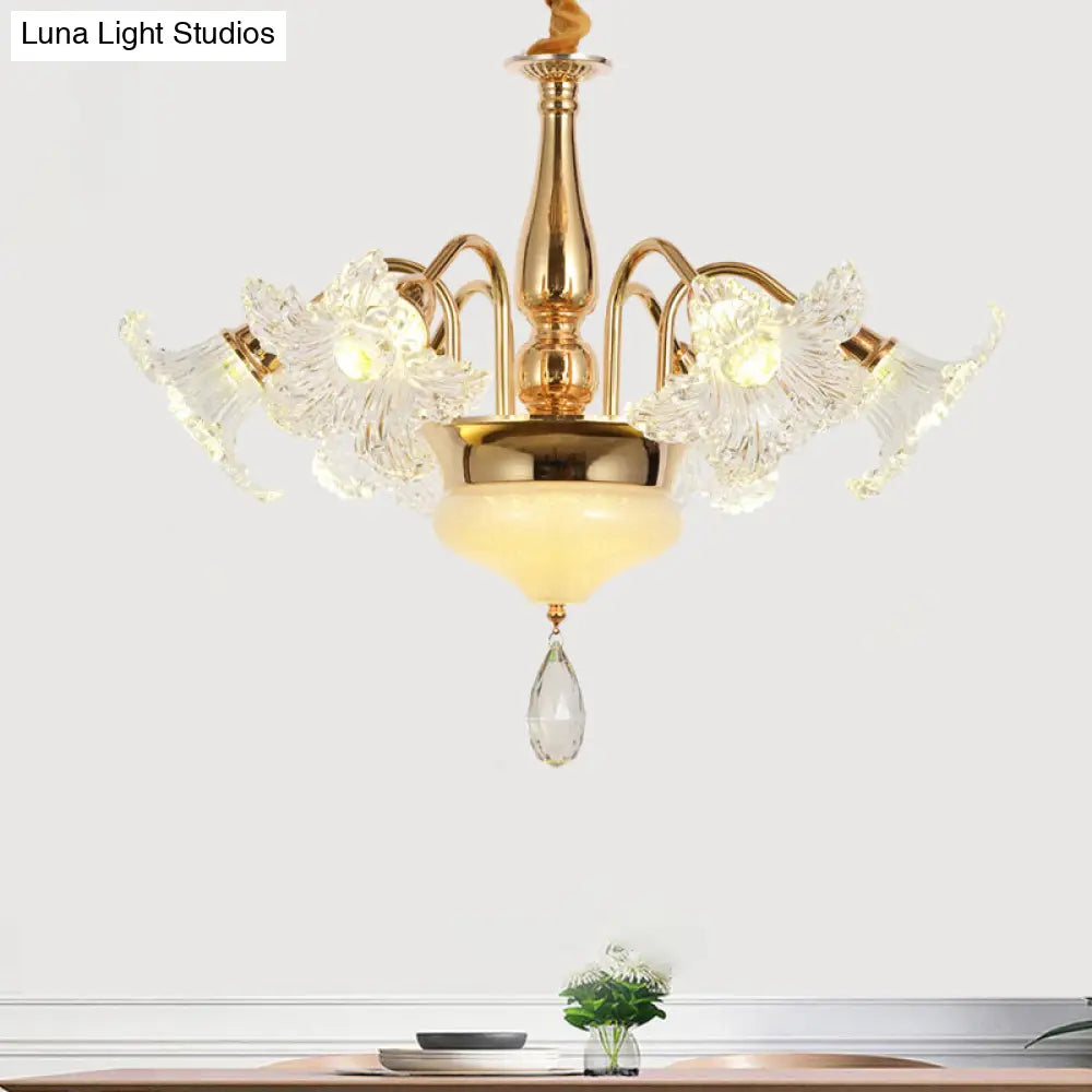 Gold 7/10 Bulbs Ceiling Light - Modern Clear Crystal Floral Shade Chandelier