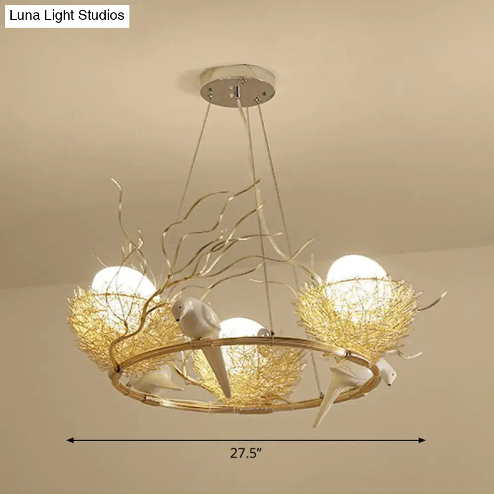 Gold Aluminum Bird Nest & Egg Chandelier Pendant Light For Artistic Dining Room Décor