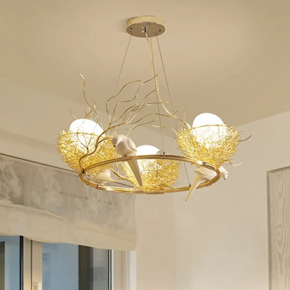 Gold Aluminum Pendant Light With Artistic Bird Nest And Egg Design For Dining Room 3 /