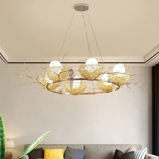 Gold Aluminum Pendant Light With Artistic Bird Nest And Egg Design For Dining Room 6 /