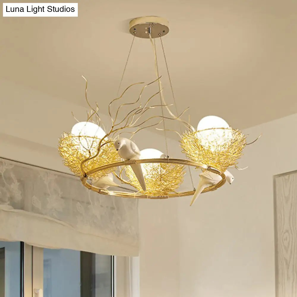 Gold Aluminum Bird Nest & Egg Chandelier Pendant Light For Artistic Dining Room Décor 3 /