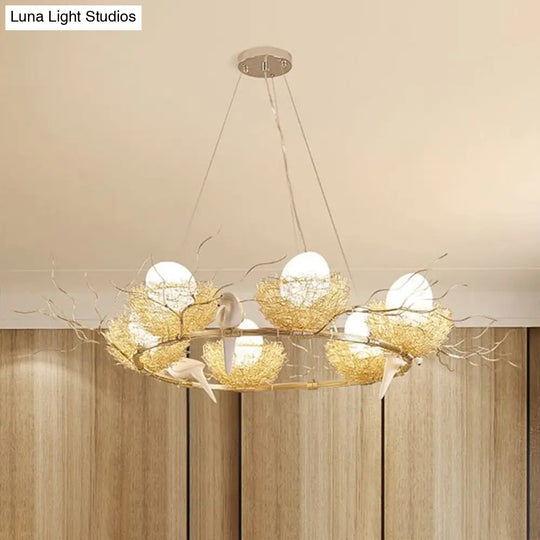 Gold Aluminum Pendant Light With Artistic Bird Nest And Egg Design For Dining Room