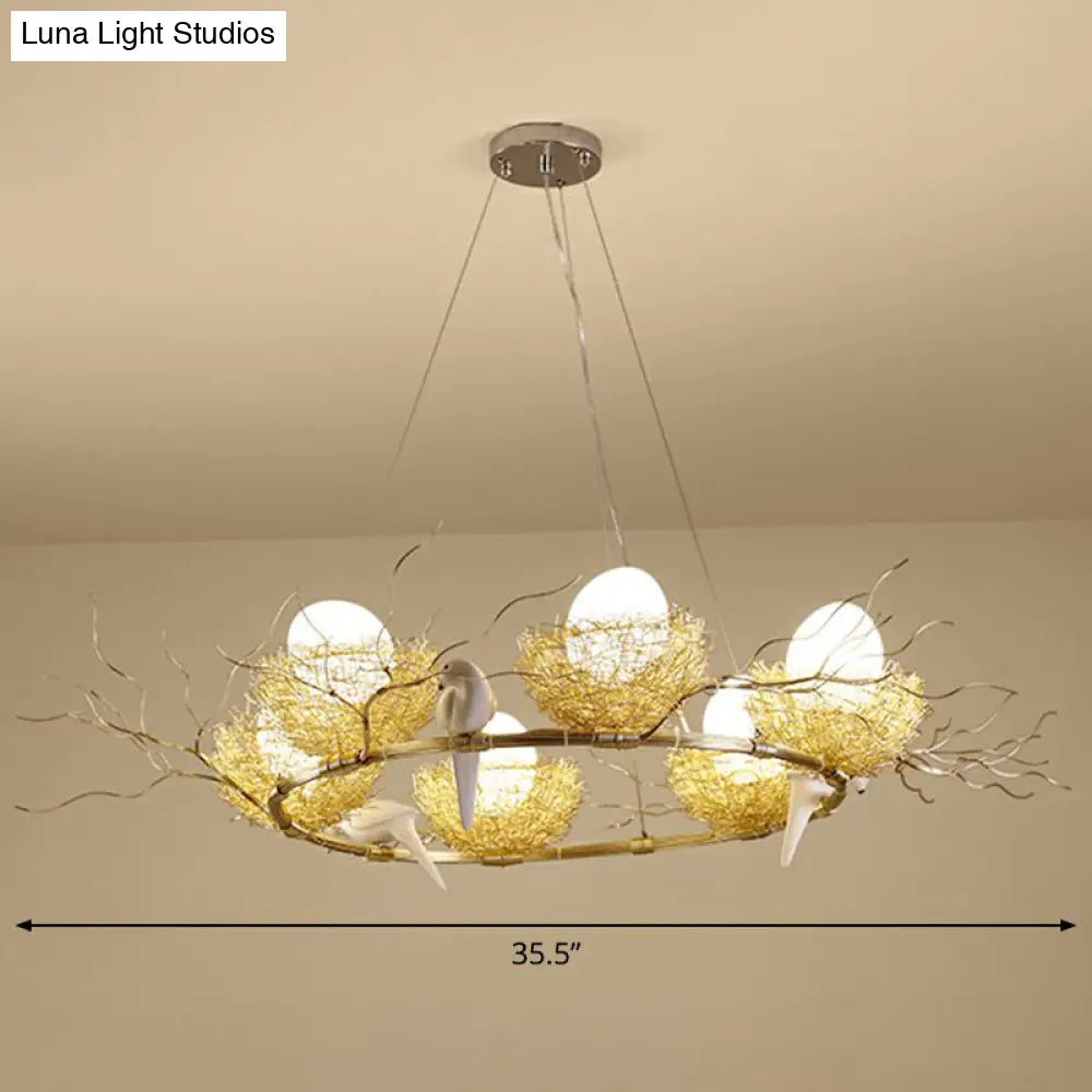 Gold Aluminum Pendant Light With Artistic Bird Nest And Egg Design For Dining Room