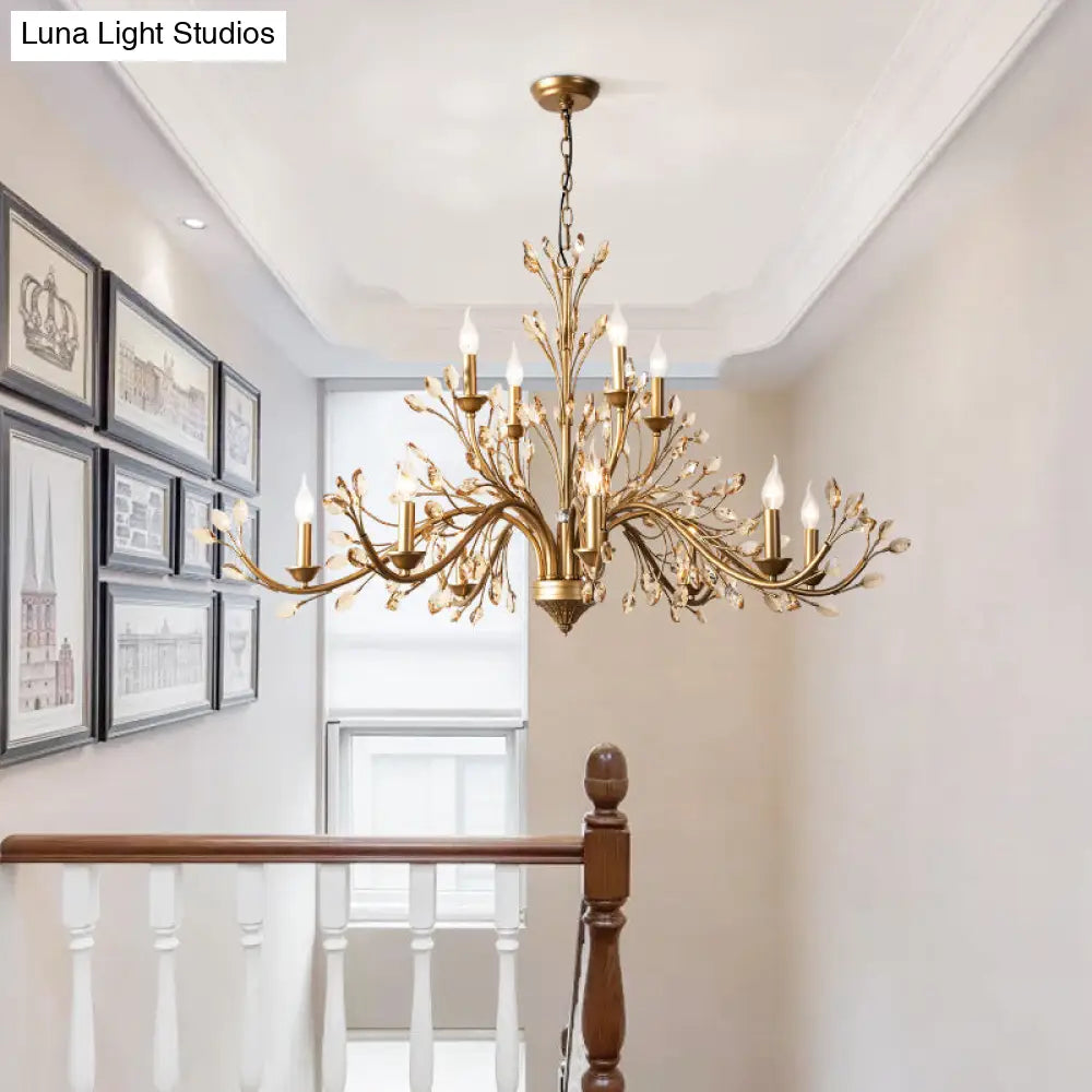 Gold Amber Crystal Branch Pendant Chandelier - Rustic Bedroom Suspension Lighting