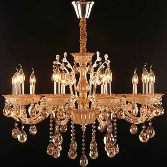 Gold Amber Glass Candle Chandelier With Crystal Decor - Traditional Living Room Suspension Light 10