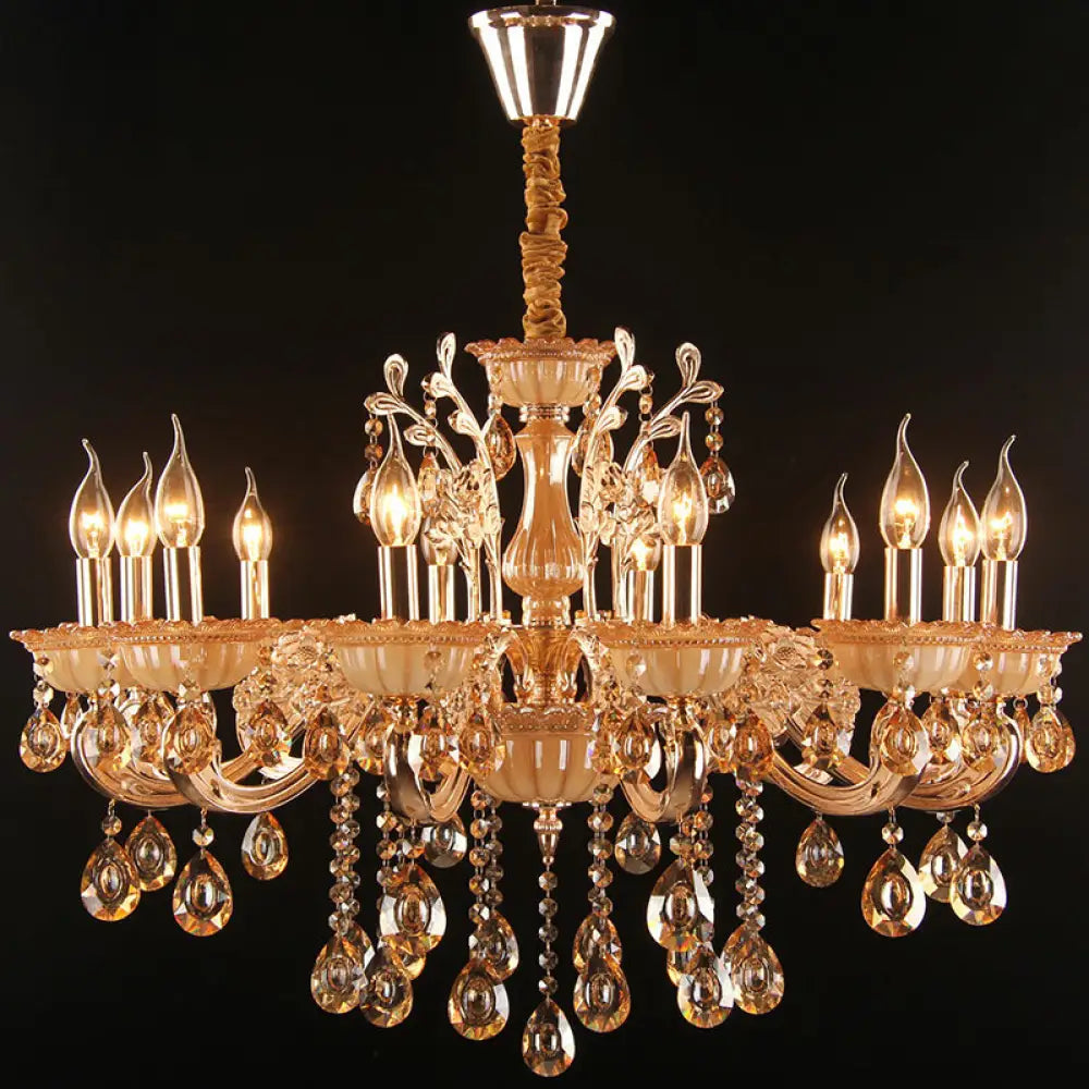 Gold Amber Glass Candle Chandelier With Crystal Decor - Traditional Living Room Suspension Light 12