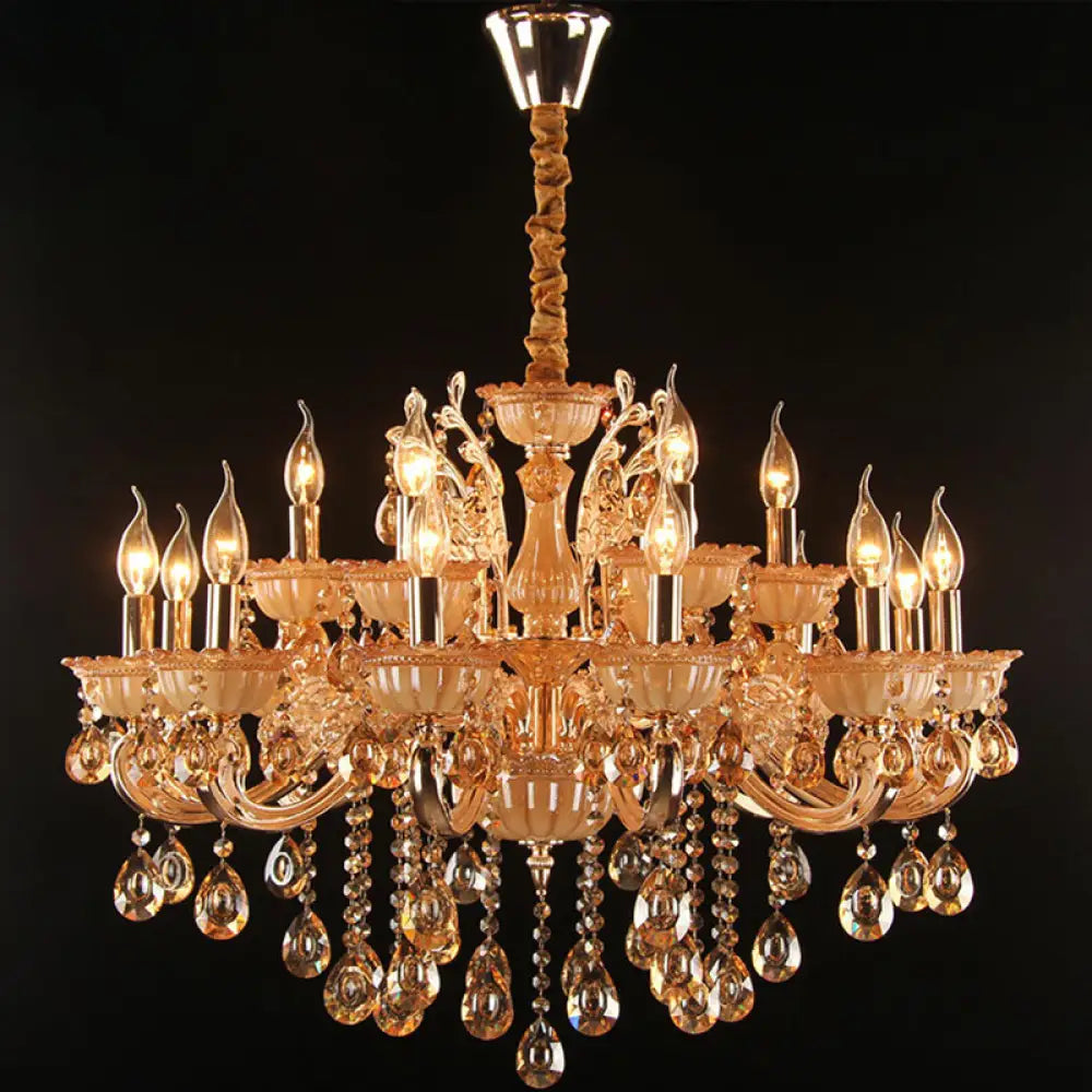 Gold Amber Glass Candle Chandelier With Crystal Decor - Traditional Living Room Suspension Light 15