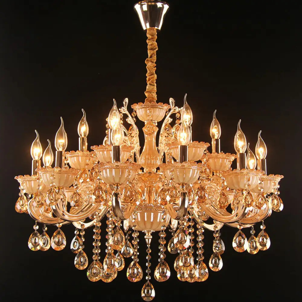 Gold Amber Glass Candle Chandelier With Crystal Decor - Traditional Living Room Suspension Light 18