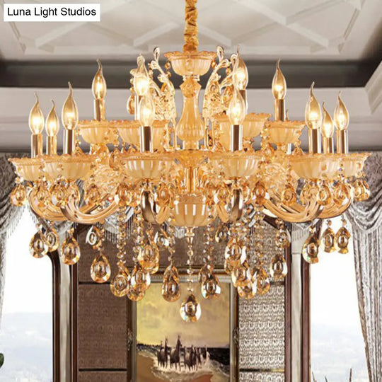 Gold Amber Glass Candle Chandelier With Crystal Decor - Traditional Living Room Suspension Light