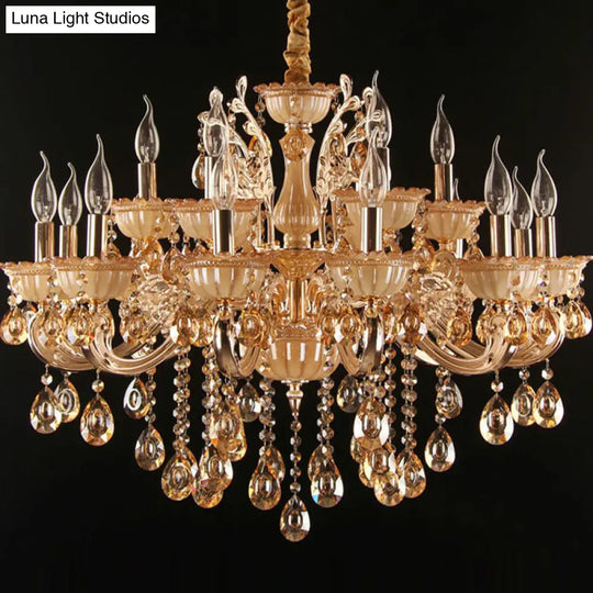 Gold Amber Glass Candle Chandelier With Crystal Decor - Traditional Living Room Suspension Light