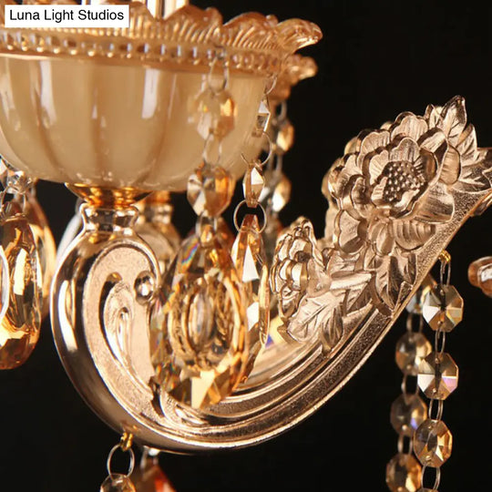 Gold Amber Glass Candle Chandelier With Crystal Decor - Traditional Living Room Suspension Light