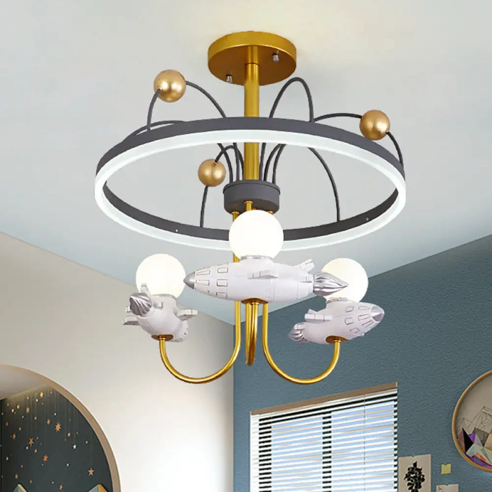 Gold And Grey Kid’s Semi - Flush Chandelier With Rocket Orbit Resin 3 - Bulb Ceiling Mount