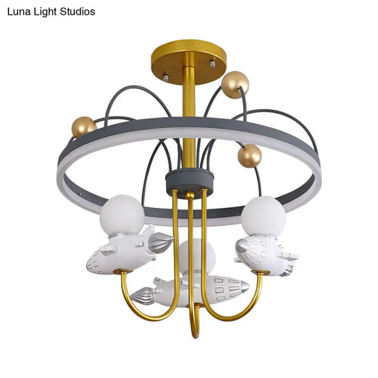 Gold And Grey Kid’s Semi - Flush Chandelier With Rocket Orbit Resin 3 - Bulb Ceiling Mount