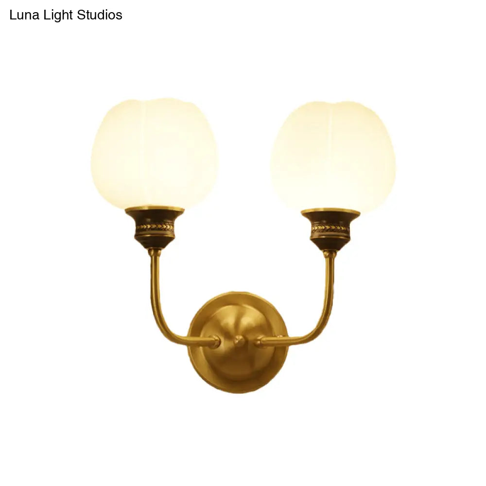 Gold Antique Sconce Light Fixture With Milky Glass Bud - Wall Mounted Lamp For Living Room