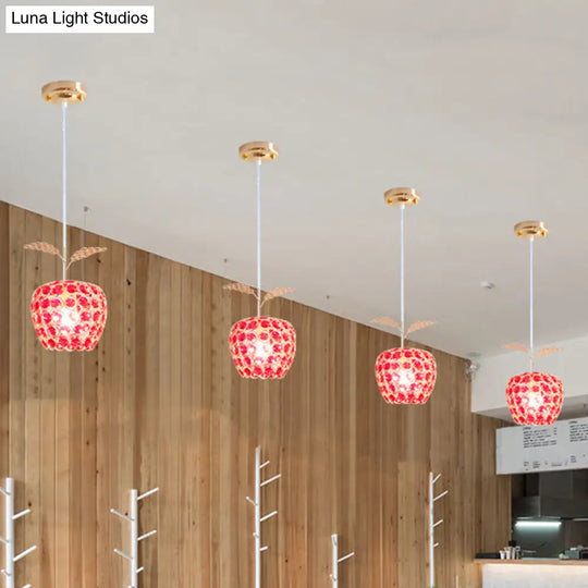 Gold Apple Shape Pendant With Red Crystal Accents - Contemporary Hanging Ceiling Lamp