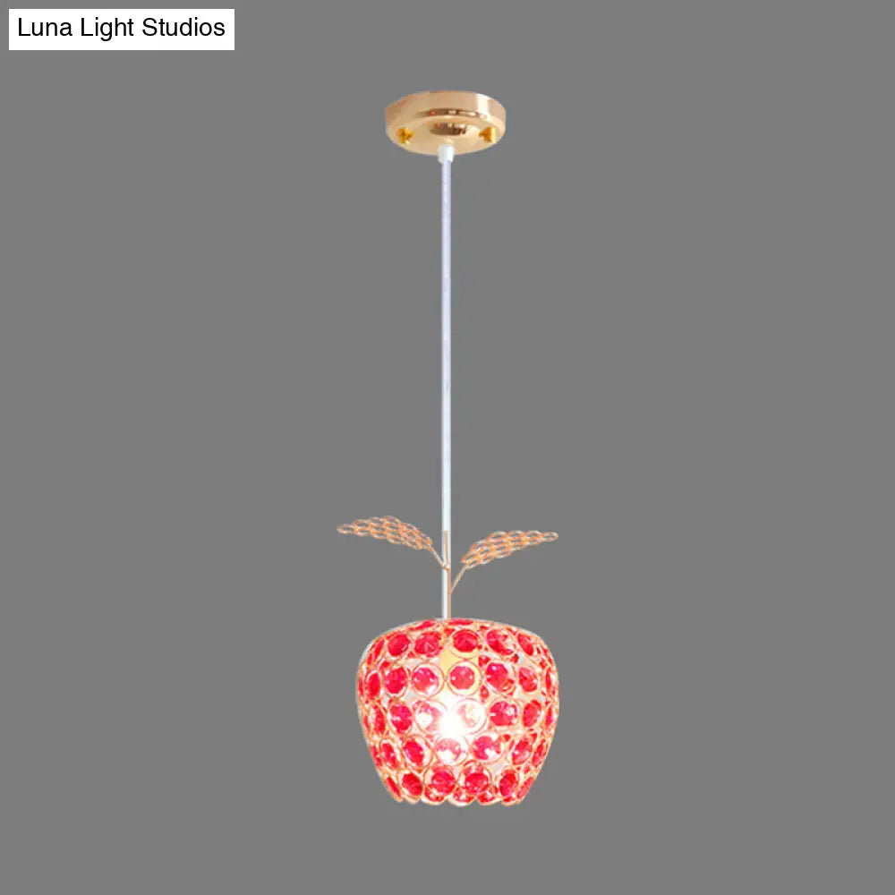 Gold Apple Shape Pendant With Red Crystal Accents - Contemporary Hanging Ceiling Lamp