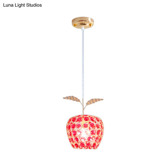 Gold Apple Pendant Lamp With Red Crystal Encrusted Contemporary Design