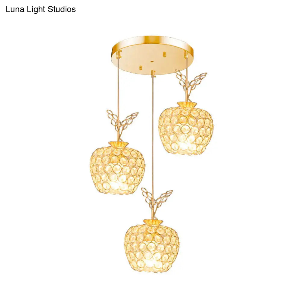 Gold Apple Shaped Crystal Pendant Light With 3 Minimal Hanging Lamp Heads