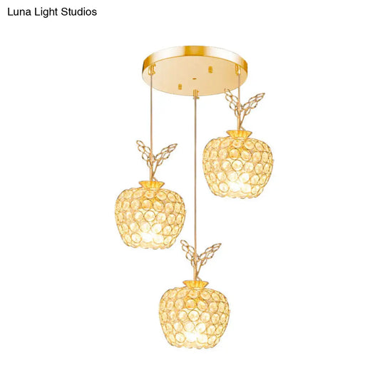 Gold Apple Shaped Crystal Pendant Light With 3 Minimal Hanging Lamp Heads