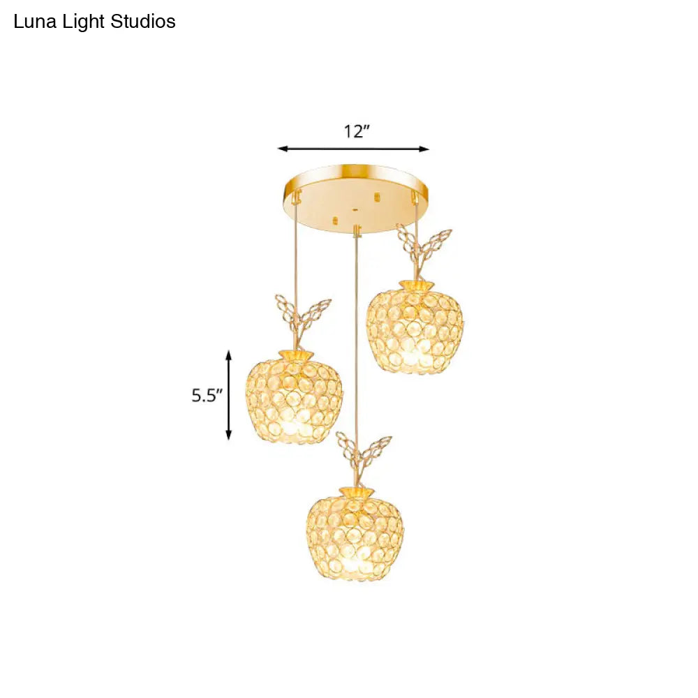 Gold Apple Shaped Crystal Pendant Light With 3 Minimal Heads - Dining Room Cluster