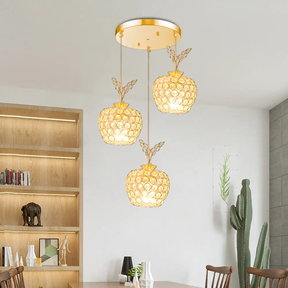 Gold Apple Shaped Crystal Pendant Light With 3 Minimal Heads - Dining Room Cluster