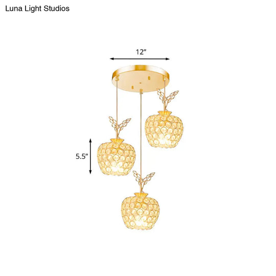 Gold Apple Shaped Crystal Pendant Light With 3 Minimal Hanging Lamp Heads