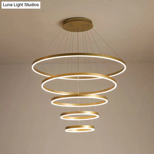 Art Deco Tiered Rings Chandelier: Aluminum Led Suspension Lighting In Gold For Living Room / 5 Tiers