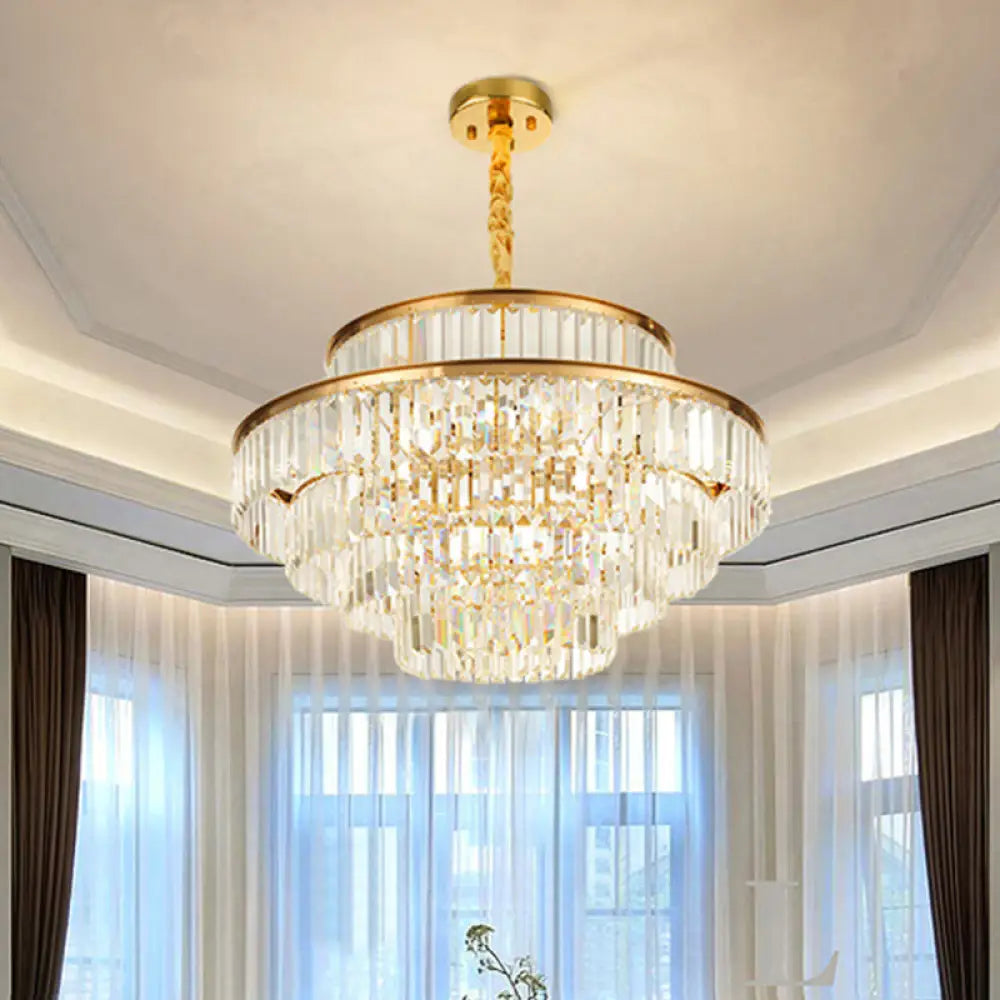 Gold Artistic Circular Suspension Light With Tri-Prism Crystal For Living Room Chandelier / 21.5