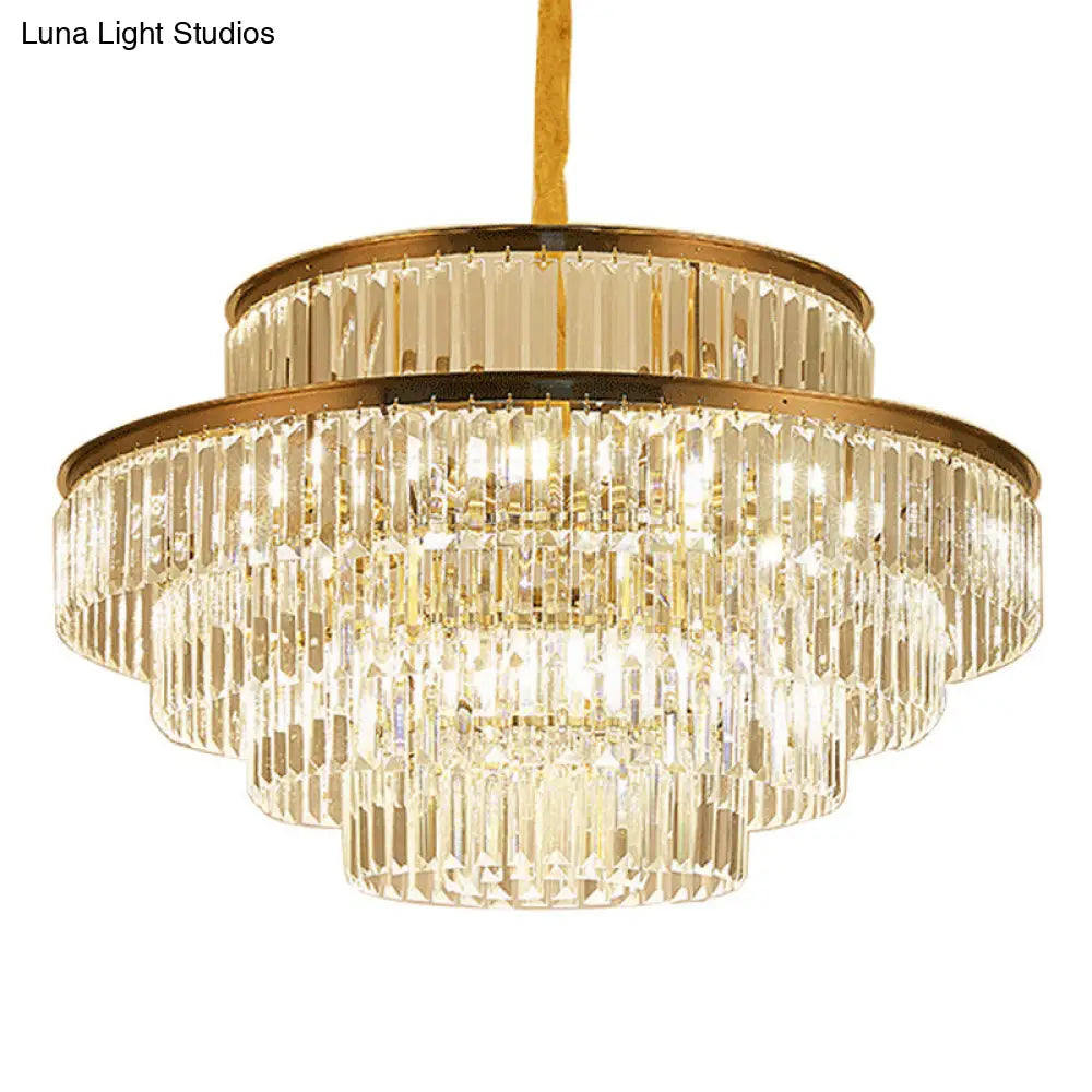 Gold Artistic Circular Suspension Light With Tri-Prism Crystal For Living Room Chandelier