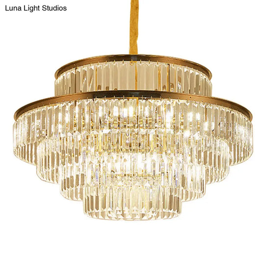 Gold Artistic Circular Suspension Light With Tri-Prism Crystal For Living Room Chandelier