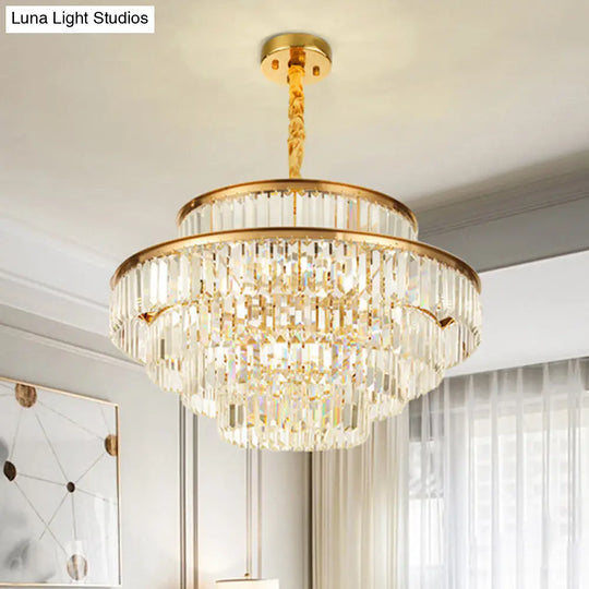 Gold Artistic Circular Suspension Light With Tri-Prism Crystal For Living Room Chandelier