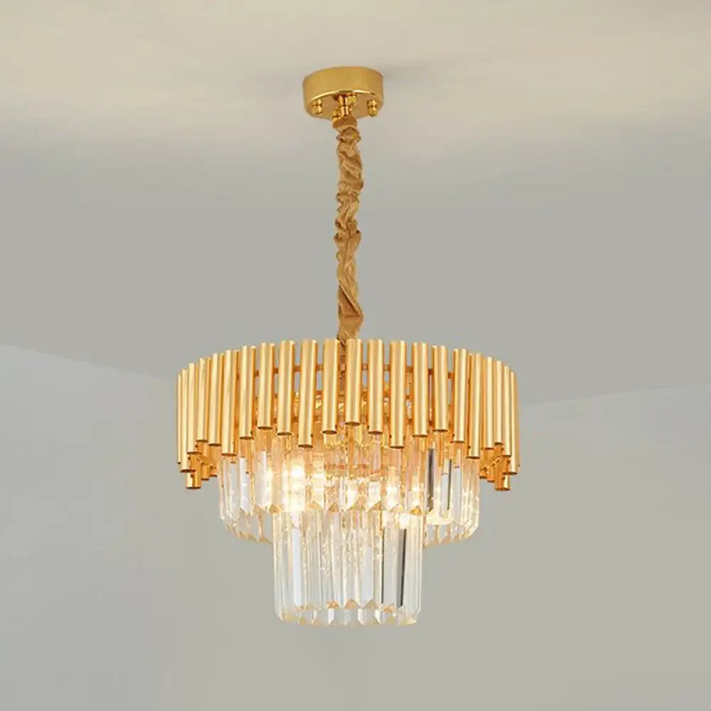 Gold Artistic Crystal Chandelier: Clear Tiered Round Suspension Light For Living Room / 15.5’’