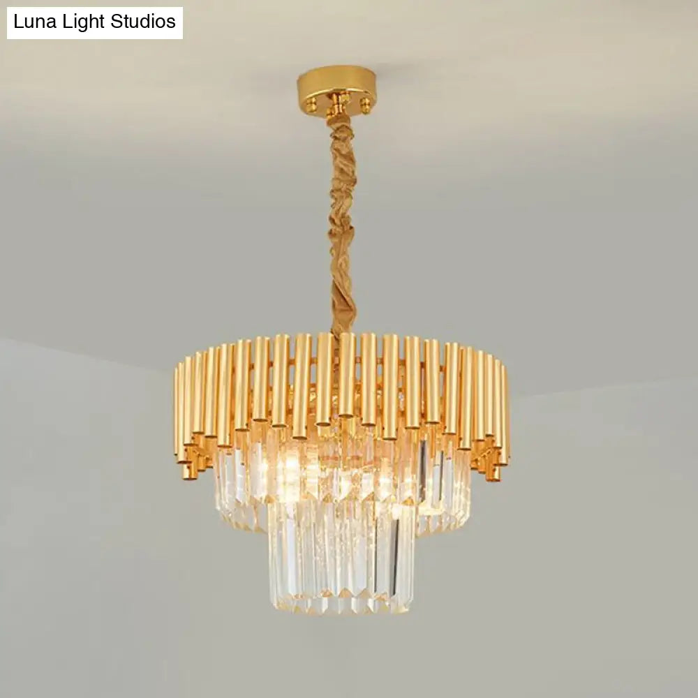 Artistic Crystal Round Chandelier Light In Gold Tiered Suspension For Living Room / 15.5